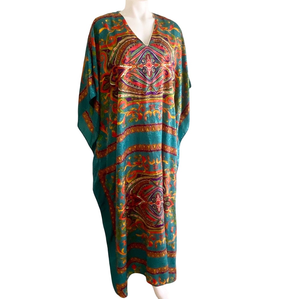 Vintage Winlar Paisley Kaftan Maxi Dress Teal Red Oversized Resort Wear One Size